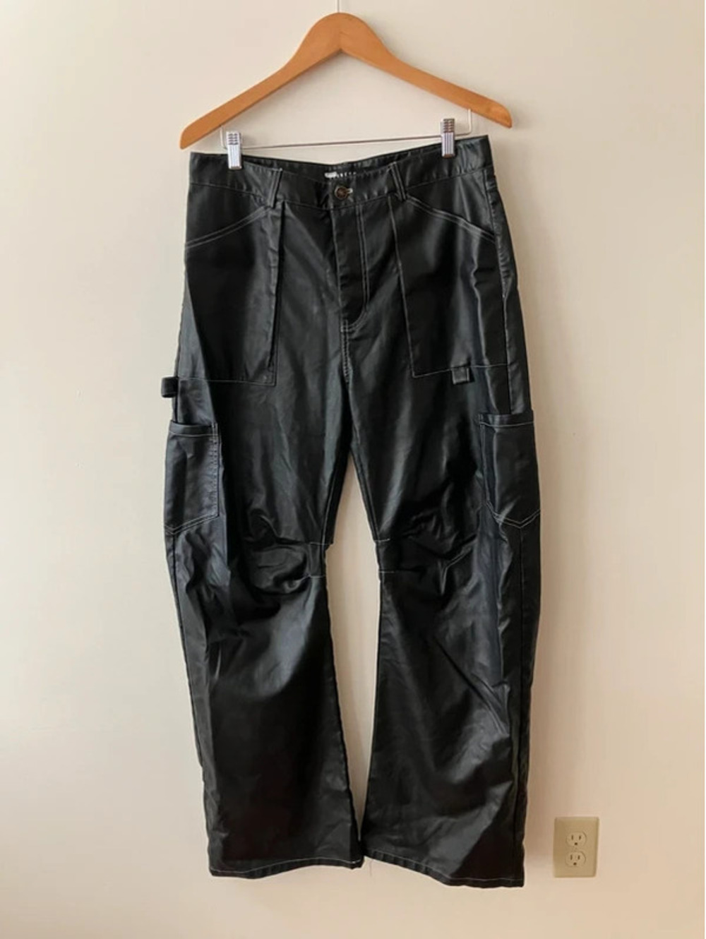 Lioness Womens L Faux Leather Cargo Trousers Black Contrast Stitch Baggy PU
